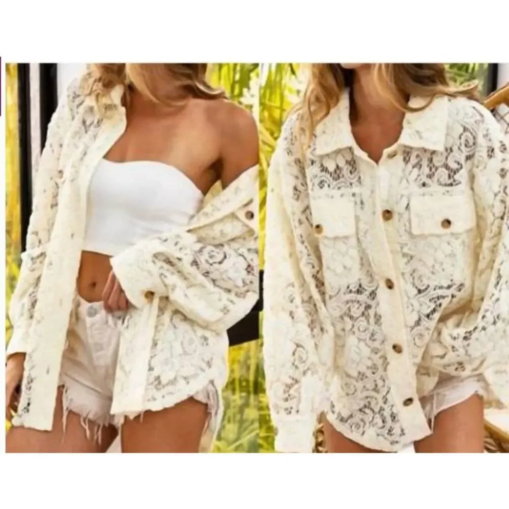 Bibi Oversized Cream Lace Button Down Shacket Size Small Front Pockets Collar - Picture 1 of 10